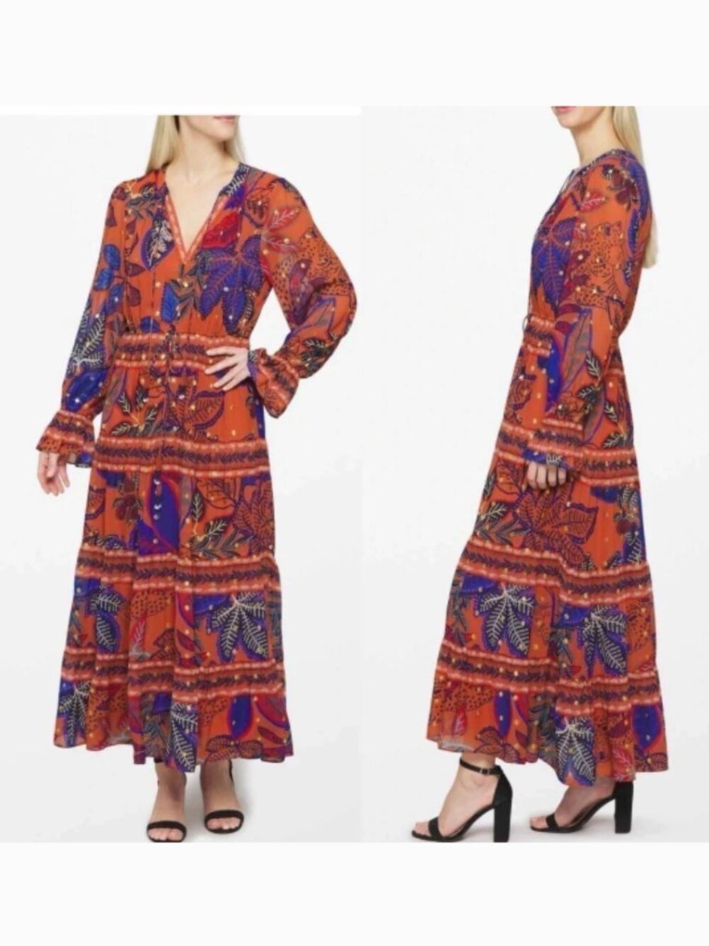 Farm Rio Wild Jungle Tassle Drawstring Midi Dress, Rust Orange /Blue Size S